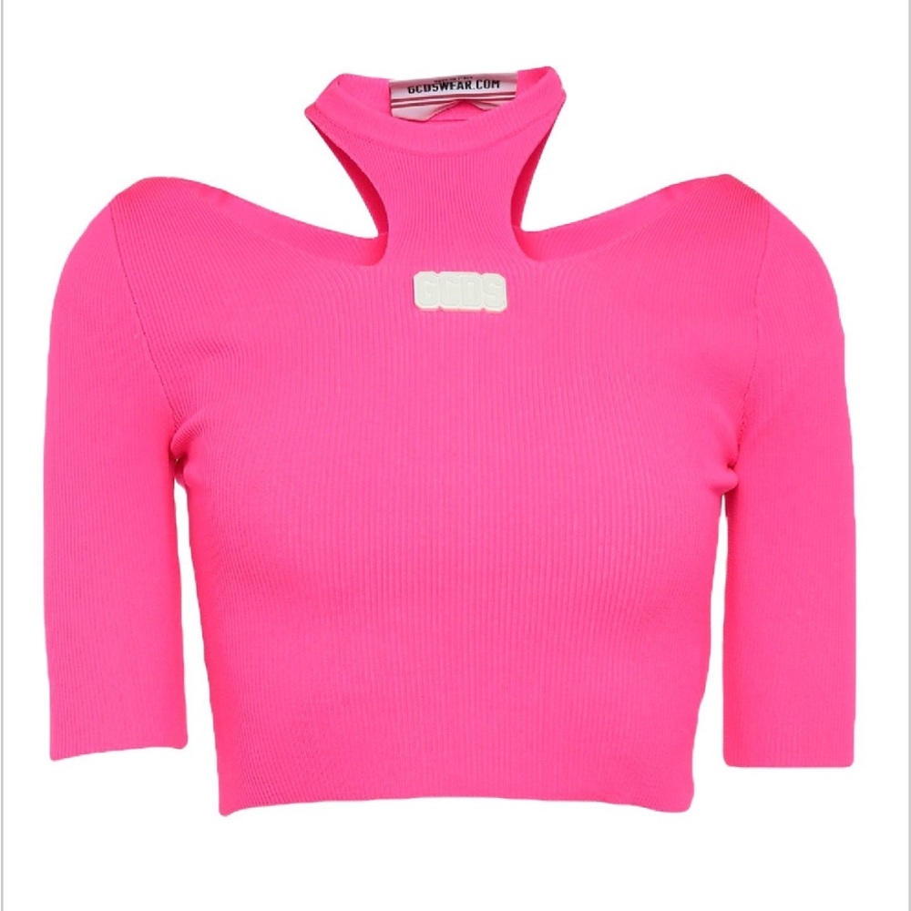 GCDS Cut Out Cropped Knit Top in Pink